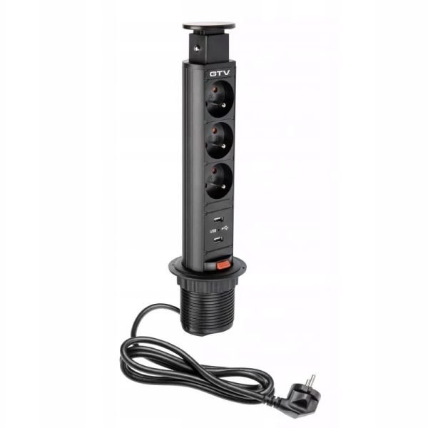Priza de blat rectractabila tip turn cu trei prize 220v si doua prize usb finisaj negru